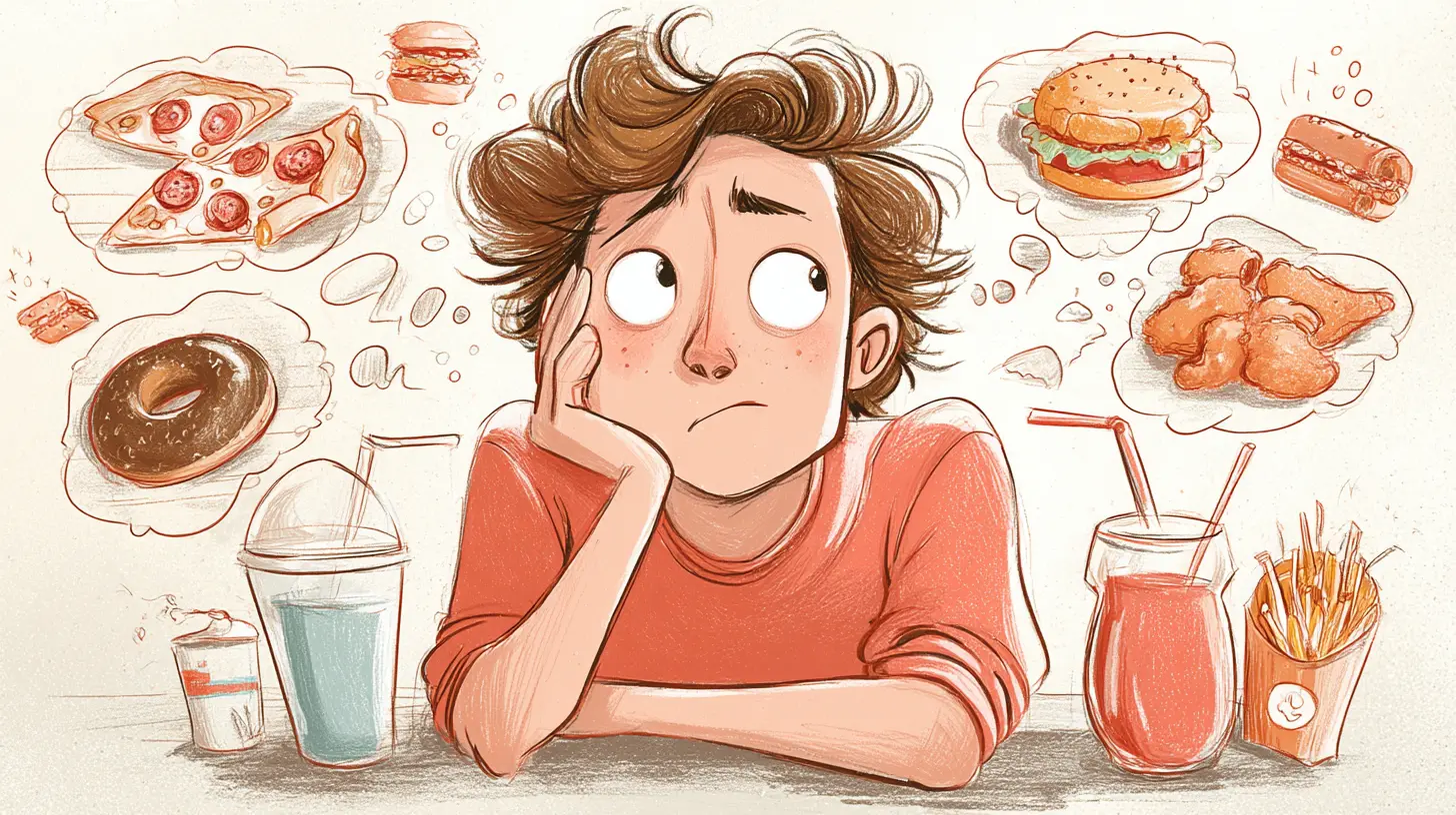 Illustration eines nachdenklichen Jugendlichen, umgeben von Gedanken an ungesundes Fast Food