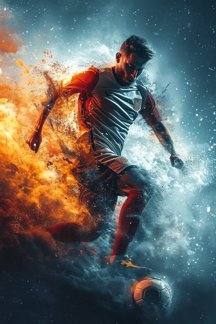 Dynamischer Fußballspieler zwischen Feuer und Eis in symbolischer Darstellung von Energie und Fokus