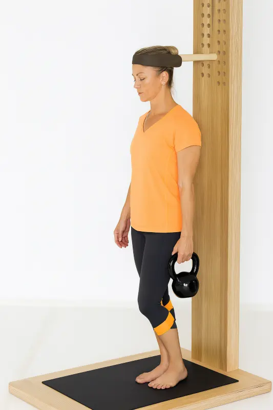 Frau führt funktionelles Kettlebell-Training an Holzwandmodul durch