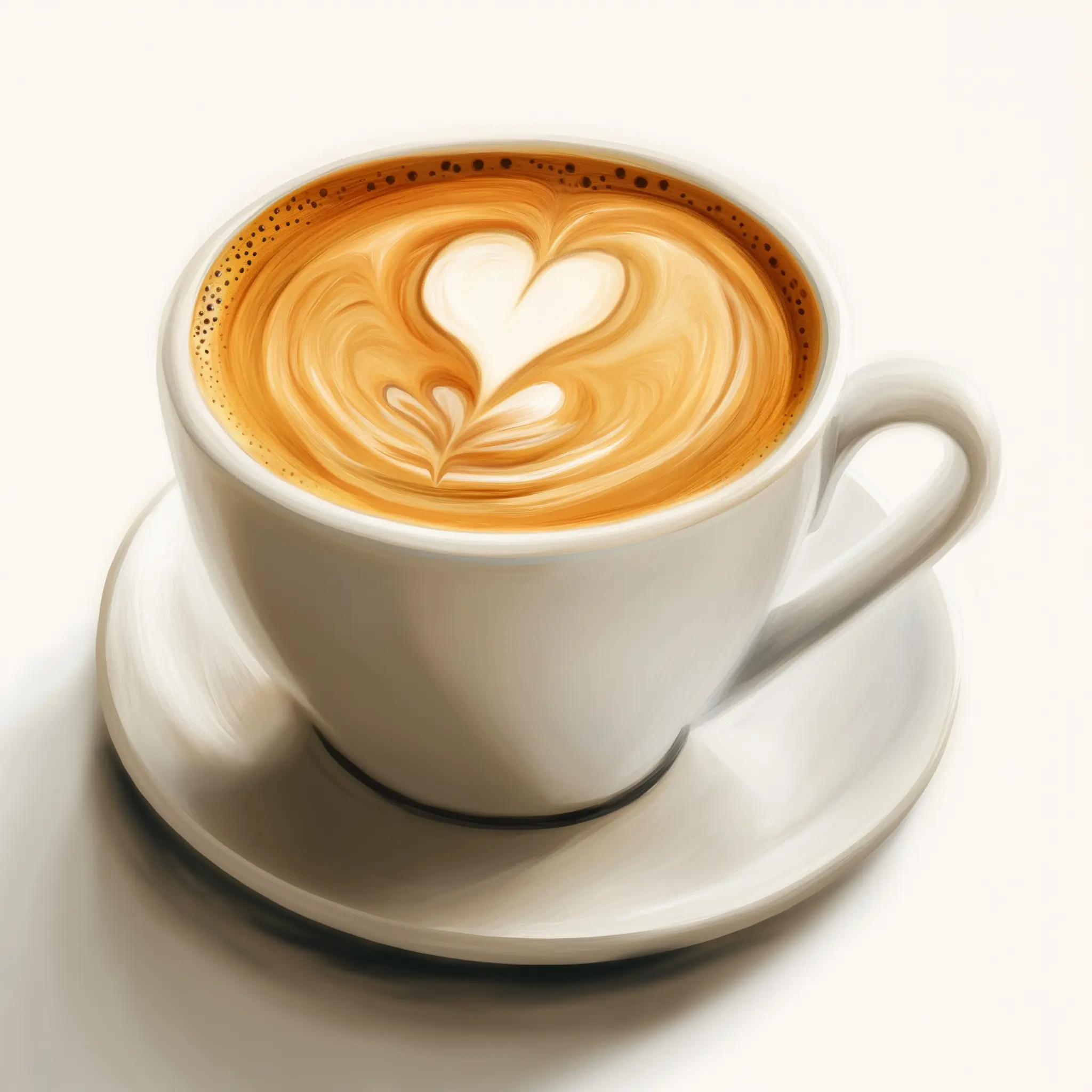 Kaffeetasse mit Herz-Latte-Art auf weißem Untergrund